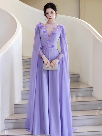 Simple Jewel A-Line Long Evening Dresses Chiffon Puprle Mother of the Bride Dresses Long Sleeves Wedding Guest Dresses DP04119