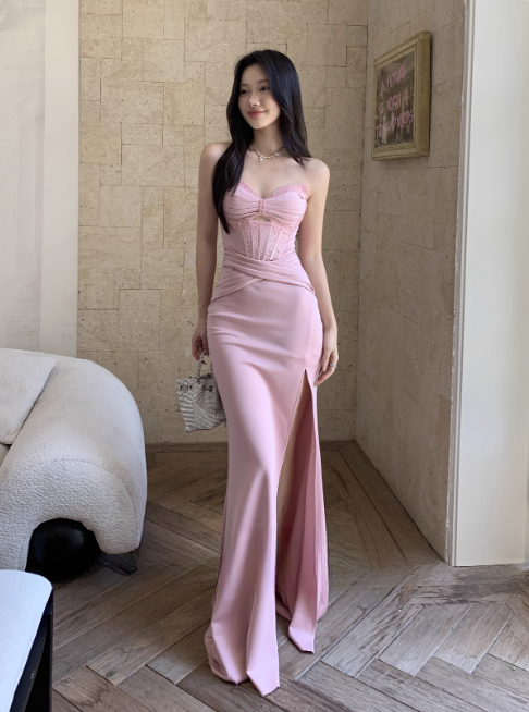 Sexy Sweetheart Sheath Long Prom Dresses Satin Sleeveless Evening Dresses Pink Birtdhay Dresses DP04121