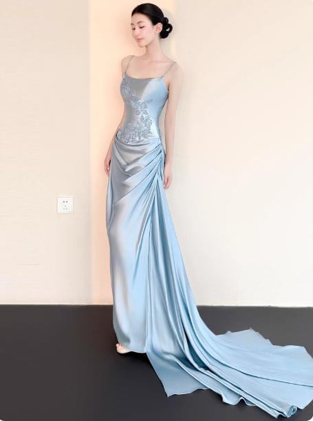 Chic Spaghetti Straps Sheath Blue Long Prom Dresses Satin Sleeveless Evening Dresses Blue Birtdhay Dresses DP04122