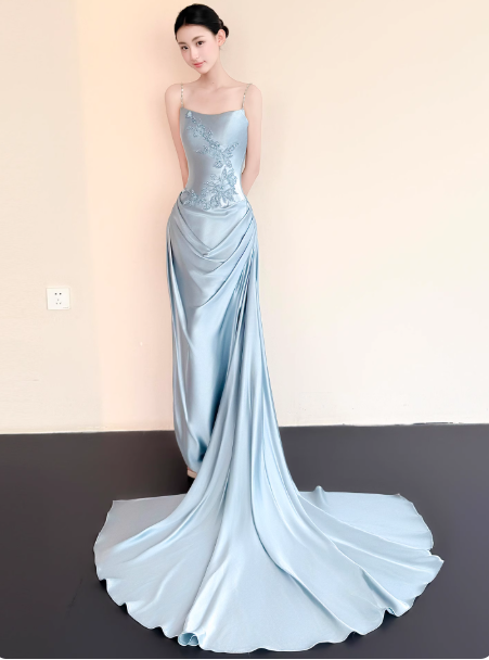 Chic Spaghetti Straps Sheath Blue Long Prom Dresses Satin Sleeveless Evening Dresses Blue Birtdhay Dresses DP04122