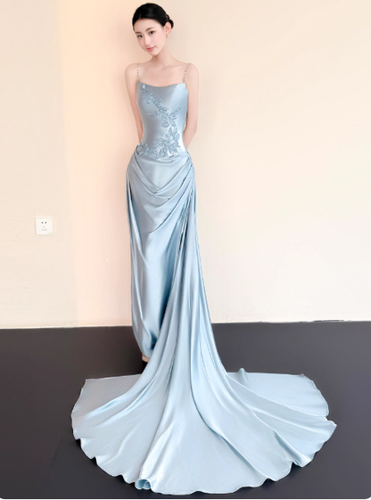 Chic Spaghetti Straps Sheath Blue Long Prom Dresses Satin Sleeveless Evening Dresses Blue Birtdhay Dresses DP04122