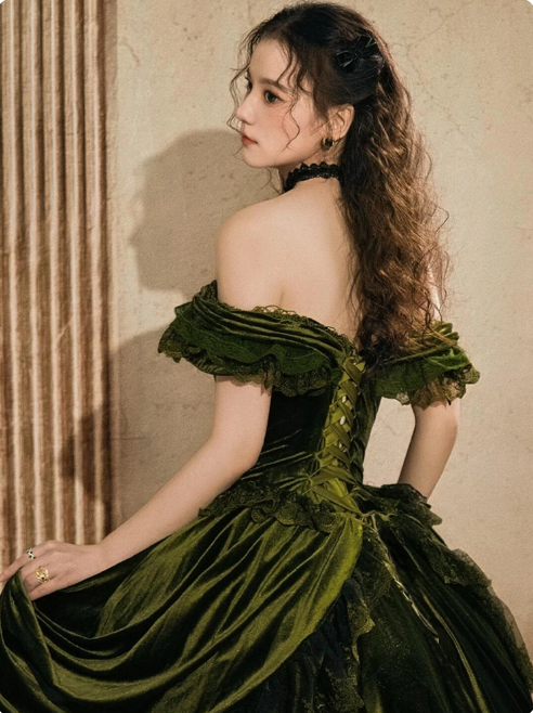 Chic Off-shoulder A-Line Green Long Prom Dresses Velvet Sleeveless Evening Dresses Green Birtdhay Dresses DP04123