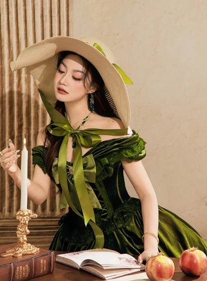 Chic Off-shoulder A-Line Green Long Prom Dresses Velvet Sleeveless Evening Dresses Green Birtdhay Dresses DP04123