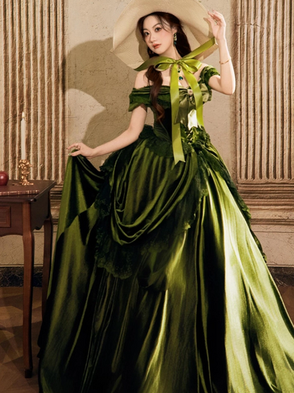 Chic Off-shoulder A-Line Green Long Prom Dresses Velvet Sleeveless Evening Dresses Green Birtdhay Dresses DP04123