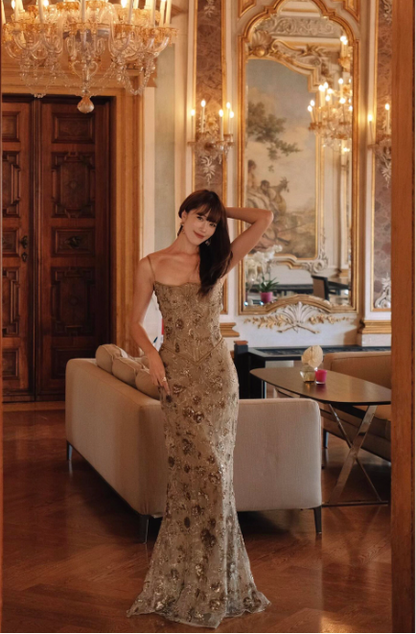 Chic Spaghetti Straps Sheath Long Prom Dresses Beaded Evening Dresses Sleeveless  Birtdhay Dresses DP04124