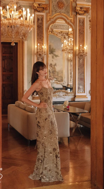 Chic Spaghetti Straps Sheath Long Prom Dresses Beaded Evening Dresses Sleeveless  Birtdhay Dresses DP04124