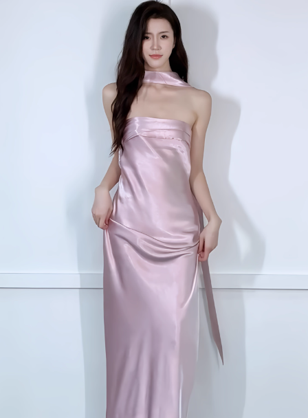 Chic Strapless Sheath Long Evening Dresses Satin Sleeveless Pink Bridesmaid Dresses with scarf DP04125