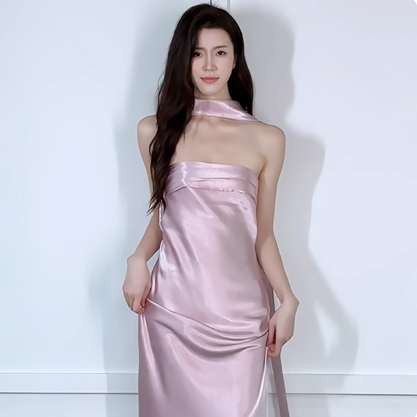 Chic Strapless Sheath Long Evening Dresses Satin Sleeveless Pink Bridesmaid Dresses with scarf DP04125