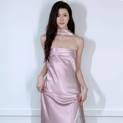 Chic Strapless Sheath Long Evening Dresses Satin Sleeveless Pink Bridesmaid Dresses with scarf DP04125