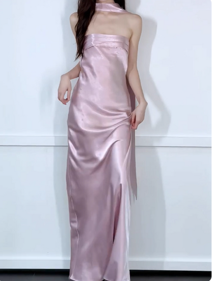 Chic Strapless Sheath Long Evening Dresses Satin Sleeveless Pink Bridesmaid Dresses with scarf DP04125