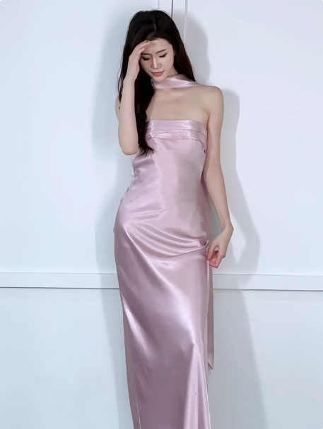 Chic Strapless Sheath Long Evening Dresses Satin Sleeveless Pink Bridesmaid Dresses with scarf DP04125