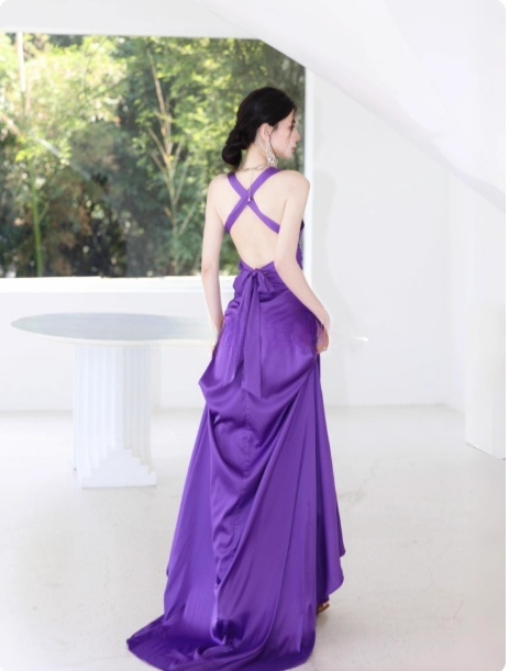 Chic V-Neck Sheath Long Evening Dresses Satin Sleeveless Purple Evening Dresses Backless Formal Dresses DP04126