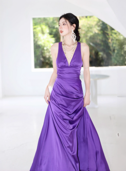 Chic V-Neck Sheath Long Evening Dresses Satin Sleeveless Purple Evening Dresses Backless Formal Dresses DP04126