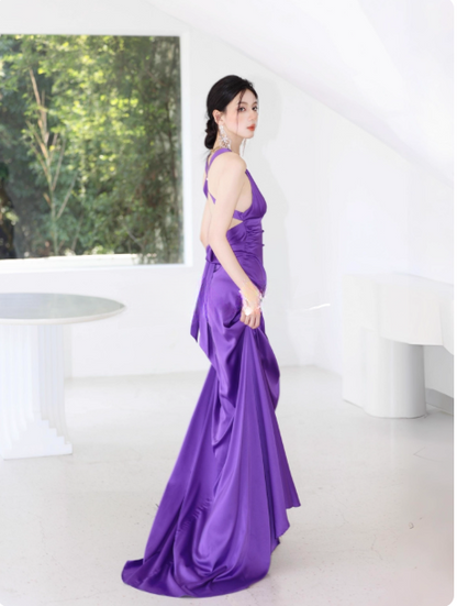 Chic V-Neck Sheath Long Evening Dresses Satin Sleeveless Purple Evening Dresses Backless Formal Dresses DP04126