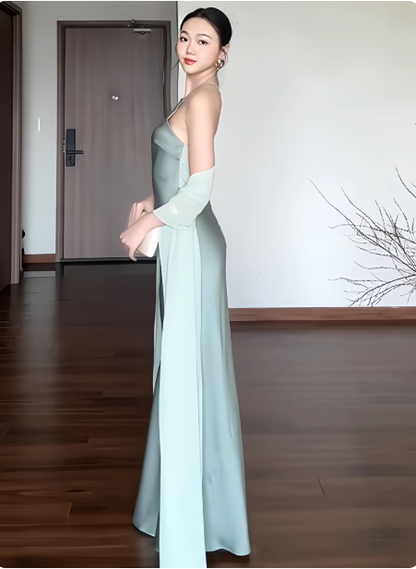 Chic Halter Sheath Long Evening Dresses Satin Sleeveless Green Evening Dresses Backless Wedding Guest Dresses DP04127