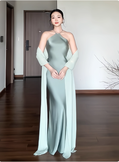 Chic Halter Sheath Long Evening Dresses Satin Sleeveless Green Evening Dresses Backless Wedding Guest Dresses DP04127