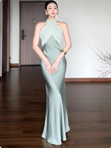 Chic Halter Sheath Long Evening Dresses Satin Sleeveless Green Evening Dresses Backless Wedding Guest Dresses DP04127