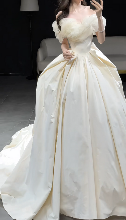 Timeless Off-shoulder A-Line Long Wedding Dresses Satin Light Champagne Bridal Dresses Sleeves Bridal Gowns DP04129