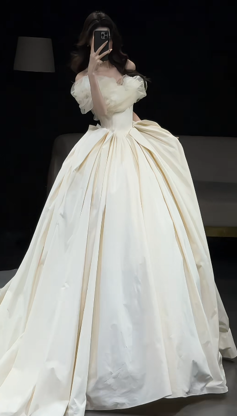 Timeless Off-shoulder A-Line Long Wedding Dresses Satin Light Champagne Bridal Dresses Sleeves Bridal Gowns DP04129