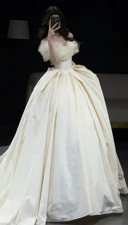 Timeless Off-shoulder A-Line Long Wedding Dresses Satin Light Champagne Bridal Dresses Sleeves Bridal Gowns DP04129