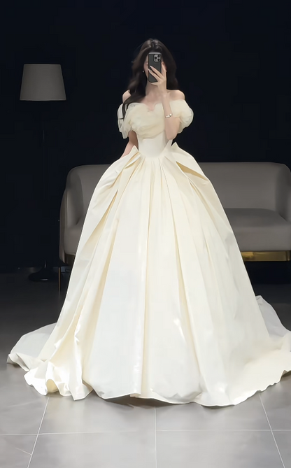 Timeless Off-shoulder A-Line Long Wedding Dresses Satin Light Champagne Bridal Dresses Sleeves Bridal Gowns DP04129