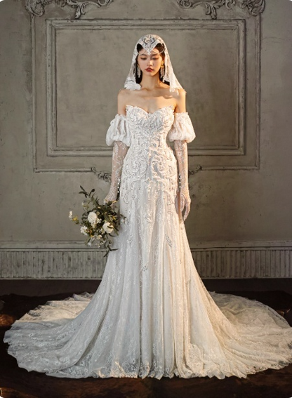 Timeless Sweetheart Sheath Long Wedding Dresses Lace Appliques White Bridal Dresses Sleeves Bridal Gowns DP04130