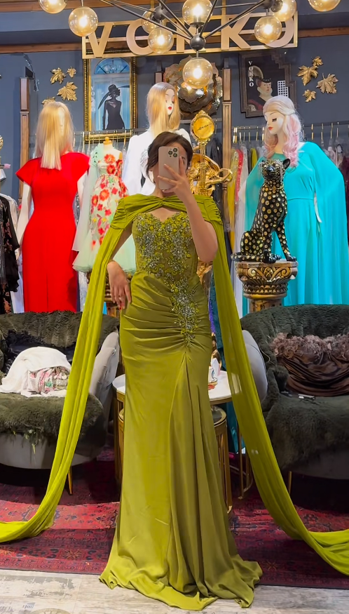 Elegant Sheath Long Prom Dresses Chiffon Olive Green Mother of the Bride Dresses Beaded Evening Dresses DP04136