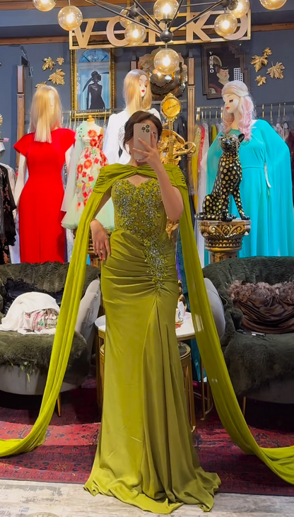 Elegant Sheath Long Prom Dresses Chiffon Olive Green Mother of the Bride Dresses Beaded Evening Dresses DP04136