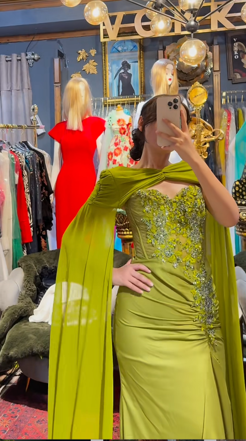 Elegant Sheath Long Prom Dresses Chiffon Olive Green Mother of the Bride Dresses Beaded Evening Dresses DP04136