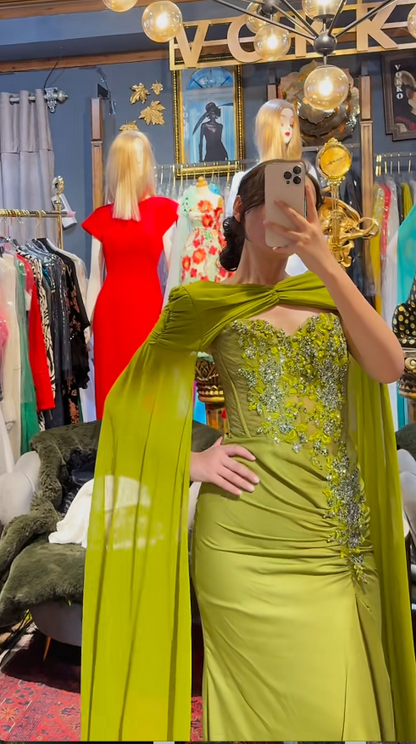 Elegant Sheath Long Prom Dresses Chiffon Olive Green Mother of the Bride Dresses Beaded Evening Dresses DP04136