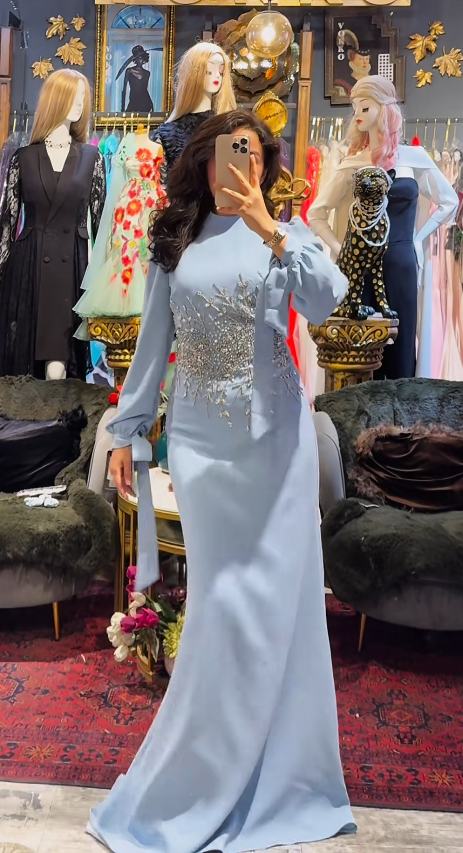 Elegant Sheath Long Prom Dresses Chiffon Blue Mother of the Bride Dresses Beaded Evening Dresses DP04137