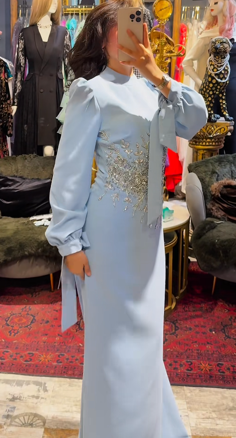 Elegant Sheath Long Prom Dresses Chiffon Blue Mother of the Bride Dresses Beaded Evening Dresses DP04137