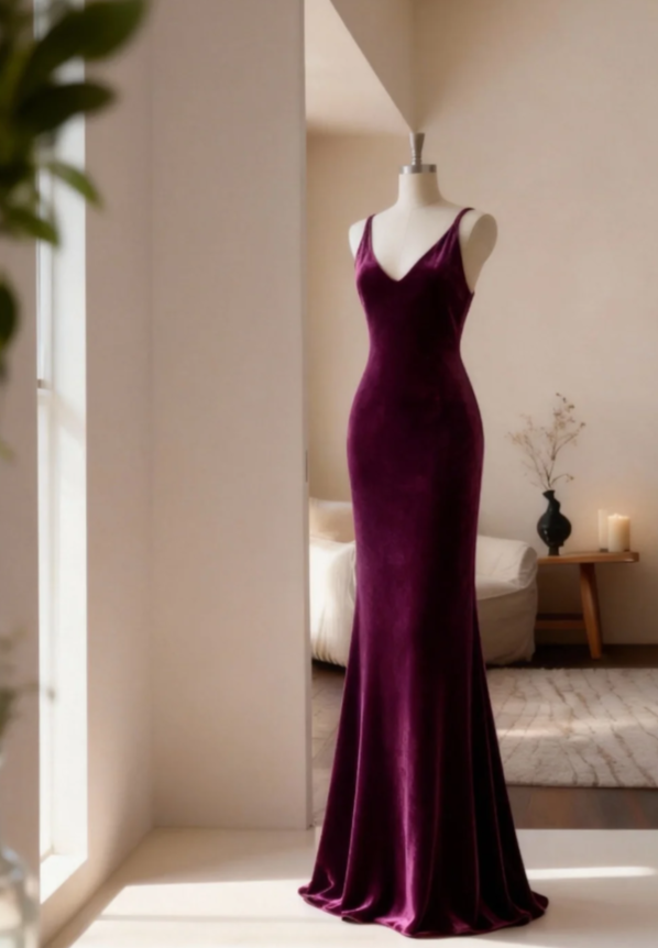 Chic V-Neck Sheath Long Prom Dresses Velvet Purple Wedding Guest Dresses DP04141