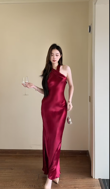 Chic Sheath Long Prom Dresses Satin Burgundy Wedding Guest Dresses DP04142