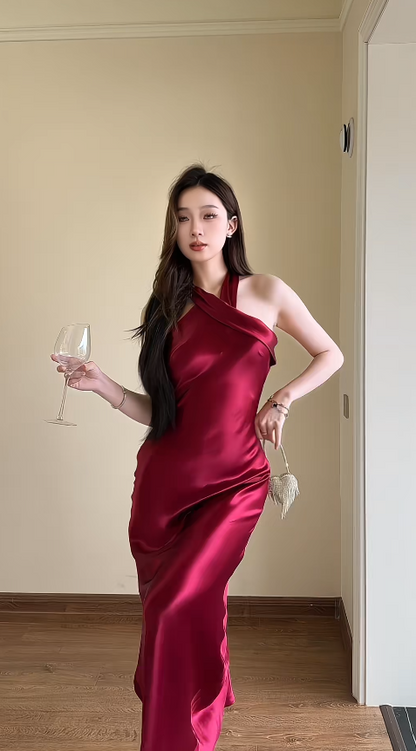 Chic Sheath Long Prom Dresses Satin Burgundy Wedding Guest Dresses DP04142