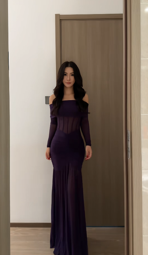 Chic Sheath Long Prom Dresses Chiffon Dark Purple Evening Gowns  Off-shoulder Christmas Dresses DP04143