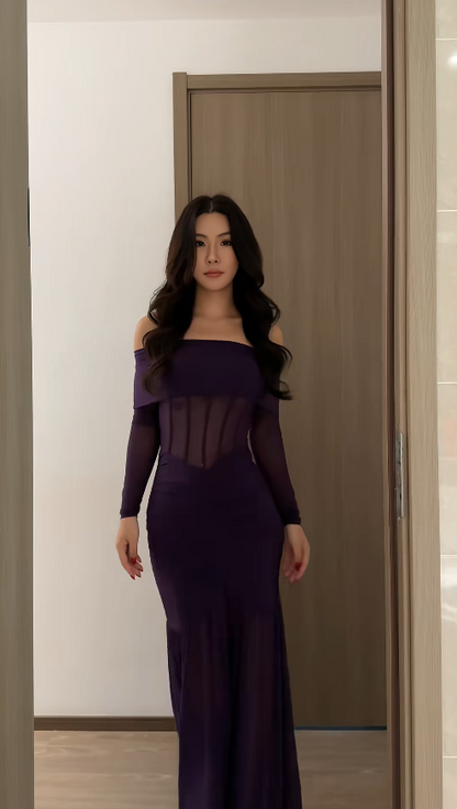 Chic Sheath Long Prom Dresses Chiffon Dark Purple Evening Gowns  Off-shoulder Christmas Dresses DP04143