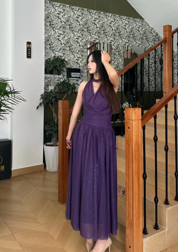 Chic Sheath Long Prom Dresses Chiffon Dark Purple Evening Gowns  Sleeveless Birthday Dresses DP04144