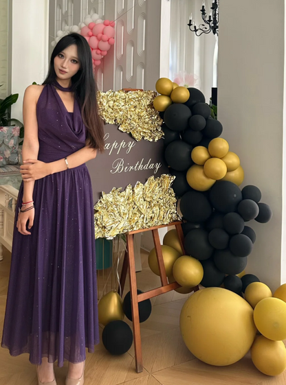 Chic Sheath Long Prom Dresses Chiffon Dark Purple Evening Gowns  Sleeveless Birthday Dresses DP04144