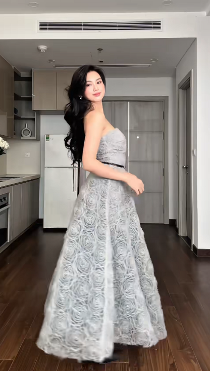 Chic Sheath Long Prom Dresses Tulle Gray Evening Gowns  Strapless Birthday Dresses DP04144