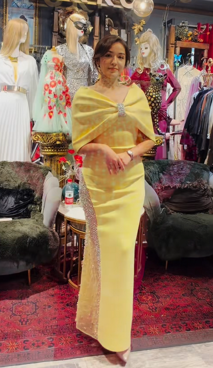 Elegant Sheath Long Prom Dresses Satin Yellow Mother of the Bride Dresses DP04149