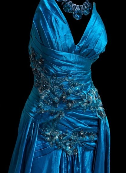 Elegant V-neck Sheath Long Prom Dresses Satin Blue Evening Dresses  DP04150