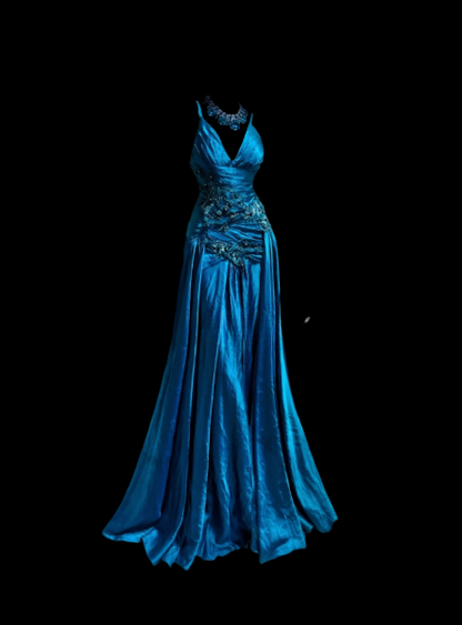 Elegant V-neck Sheath Long Prom Dresses Satin Blue Evening Dresses  DP04150