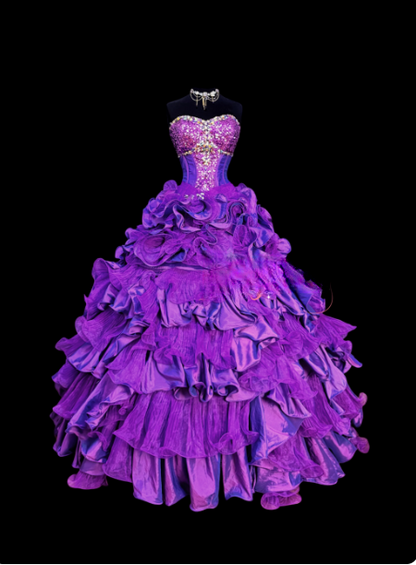 Cute Strapless Ball Gown Taffeta Long Prom Dresses Tulle Purple Quinceanera Dresses Sleeveless Sweet 16 Dresses  DP04151