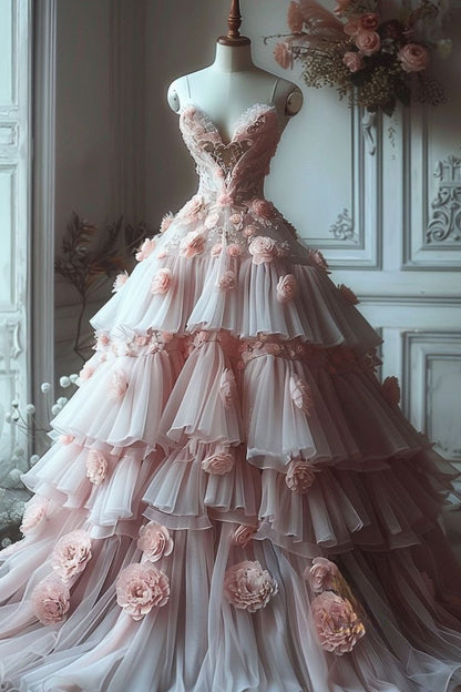 Cute Sweetheart Ball Gowns Long Prom Dresses Tulle Pink Quinceanera Dresses Sleeveless Sweet 16 Dresses  DP04152