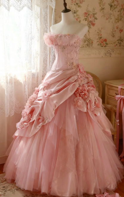 Cute Strapless Ball Gowns Long Prom Dresses Tulle Pink Quinceanera Dresses Sleeveless Sweet 16 Dresses DP04153