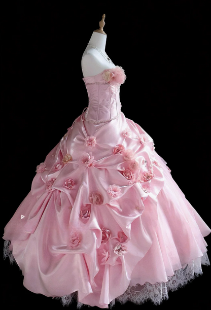 Cute Strapless Ball Gowns Long Prom Dresses Tulle Pink Quinceanera Dresses Sleeveless Sweet 16 Dresses DP04153