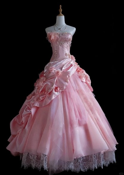 Cute Strapless Ball Gowns Long Prom Dresses Tulle Pink Quinceanera Dresses Sleeveless Sweet 16 Dresses DP04153