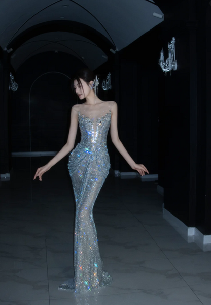 Sexy Sheath Silver Long Prom Dresses Glitter Tulle Birthday Dresses Silver Sleeveless Evening Dresses DP04162