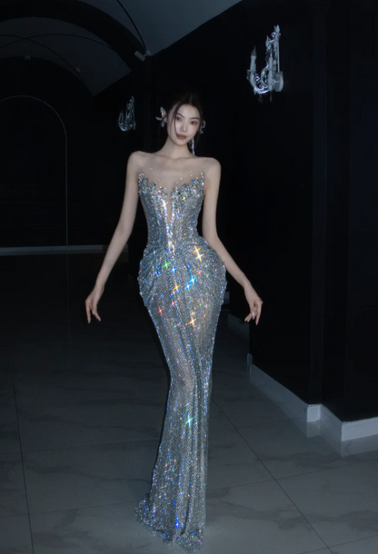 Sexy Sheath Silver Long Prom Dresses Glitter Tulle Birthday Dresses Silver Sleeveless Evening Dresses DP04162